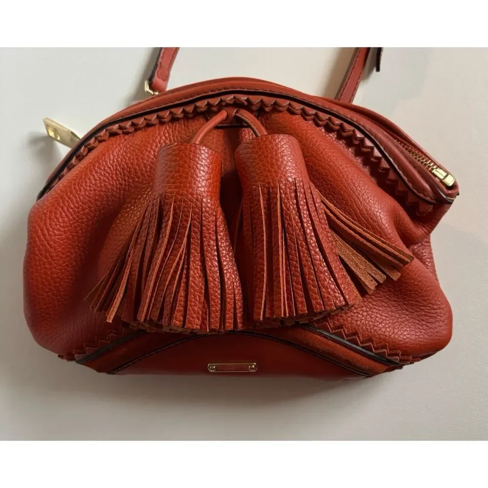 Authentic BURBERRY PRORSUM Tassel Calf Crescent leather Crossbody Bag in Orange